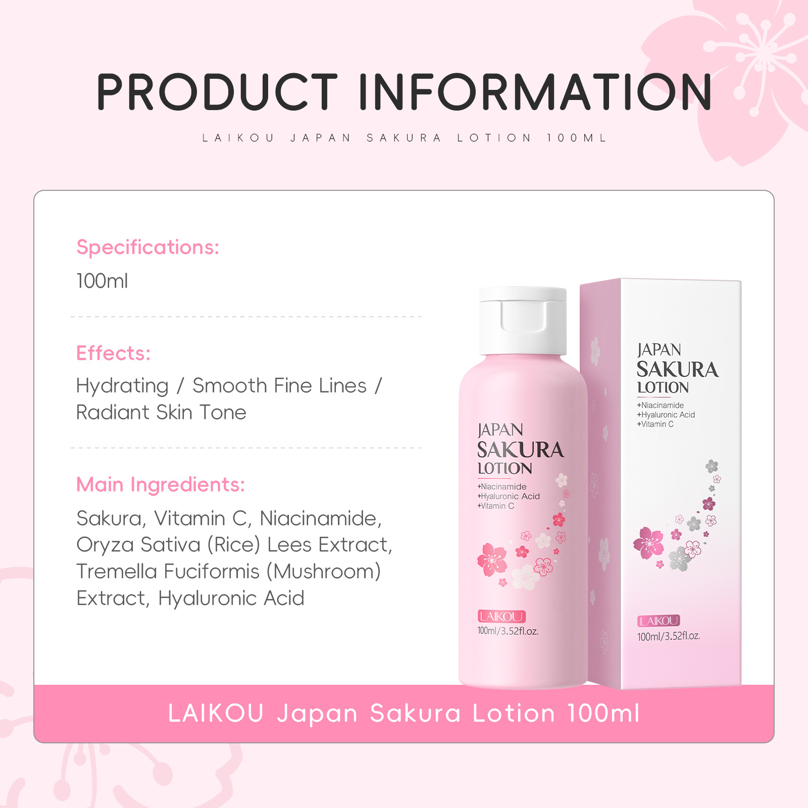 LAIKOU Sakura Lotion 100ml Nia - Niacinamide Pore Shrinking Essence ulasan dan harga